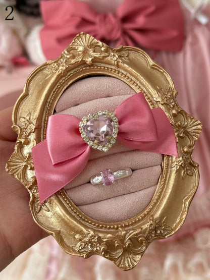 Pink Rhinestone Heart Bowknot Ring + Rhinestone Ring