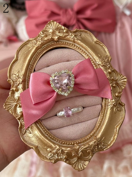 Pink Rhinestone Heart Bowknot Ring + Rhinestone Ring