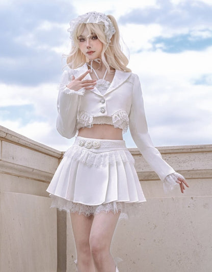 White Lace Trim Hemline and Cuffs Cropped Blazer
