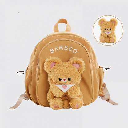 Dark Yellow Cute Backpack With A Detachable Bear Plushie