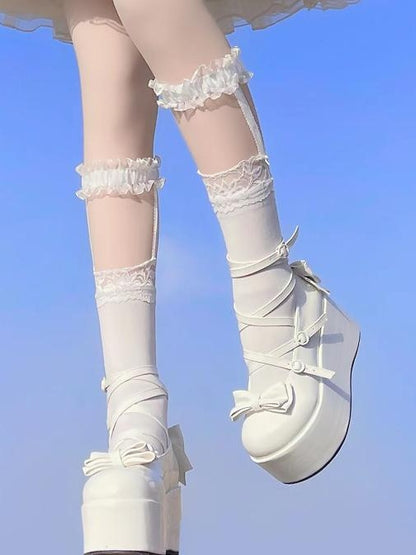 White Bowknot Buckle Straps Round Toe Platform Lolita Shoes