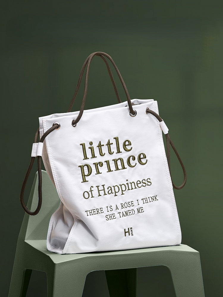 Chic White & Green Alphabet Embroidery Tote Bag with Zipper Closure And Drawstring Strap