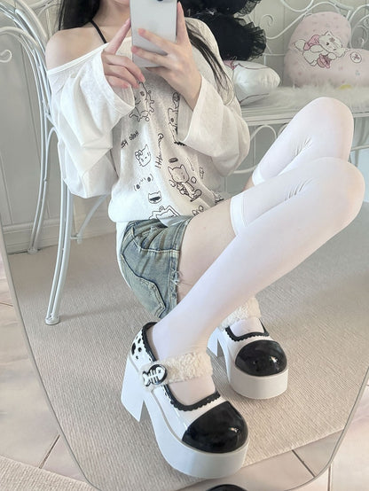 White Jirai Kei Claw Fishbone Design Platform Shoes
