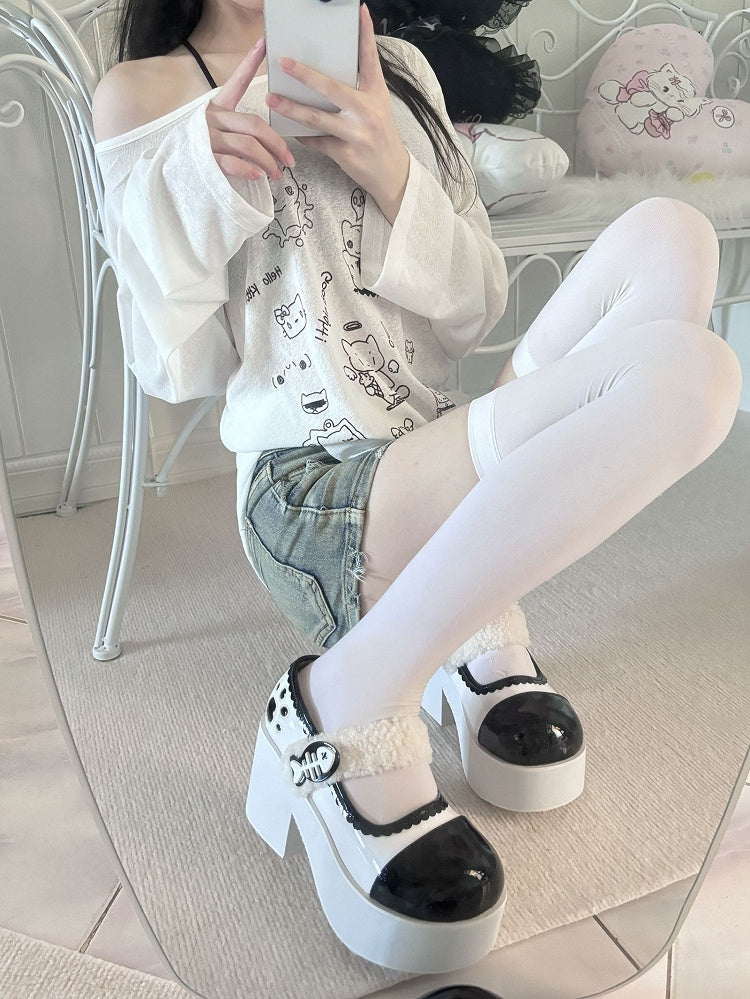 White Jirai Kei Claw Fishbone Design Platform Shoes