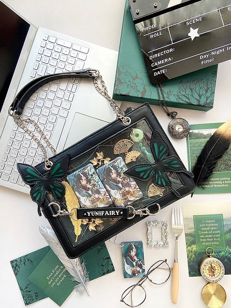 Green Ita Shoulder Bag with Gold Butterfly and Spiderweb Details – Small Capacity