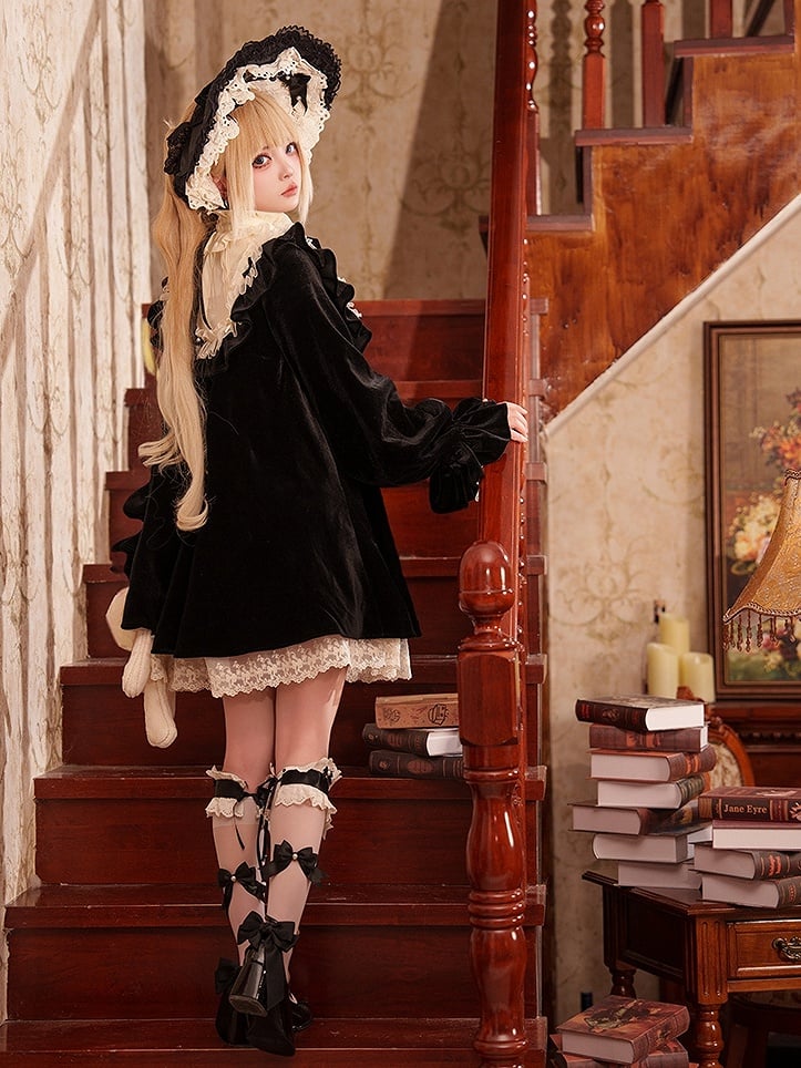 Black Big Bow Ruffled High Neck Sweet Lolita Long Sleeves Velvet Dress