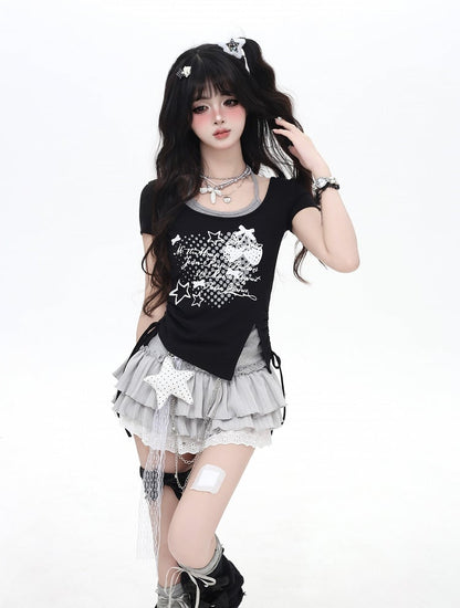 Strawberry Print Drawstring Waist Faux Two-pieces Halter T-shirt Black/Gray