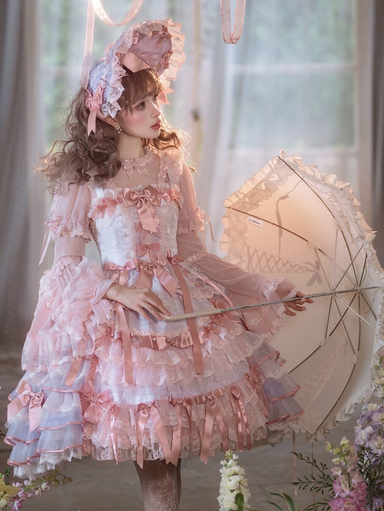 Purple and Pink Bow Accents Tiered Skirt Hanayome Hime Lolita Jumper Skirt