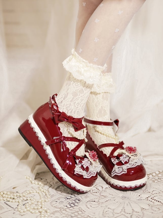 Red Floral Design Bow at Top Lace Trim Heart Buckle Platforms With Detachable Beaded Chain