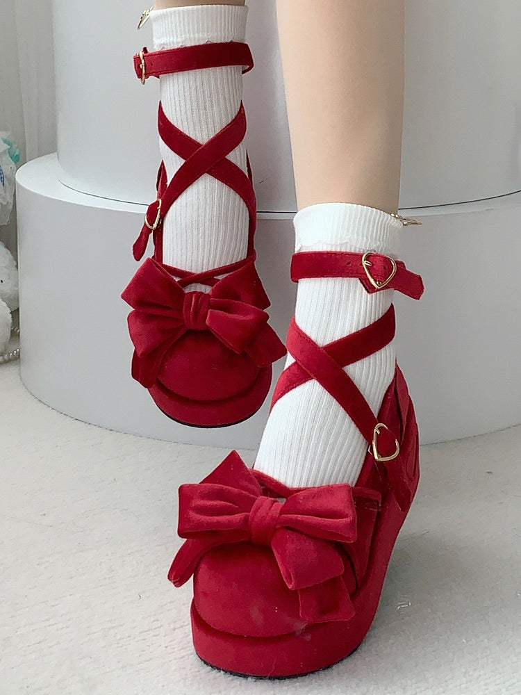 Sweet Wine Red Lolita Platforms in Velvet - Bow at Top, Crisscross Design & Heart Fastener
