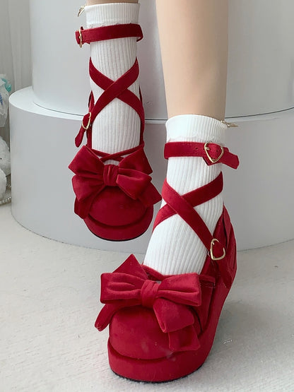 Sweet Wine Red Lolita Platforms in Velvet - Bow at Top, Crisscross Design & Heart Fastener