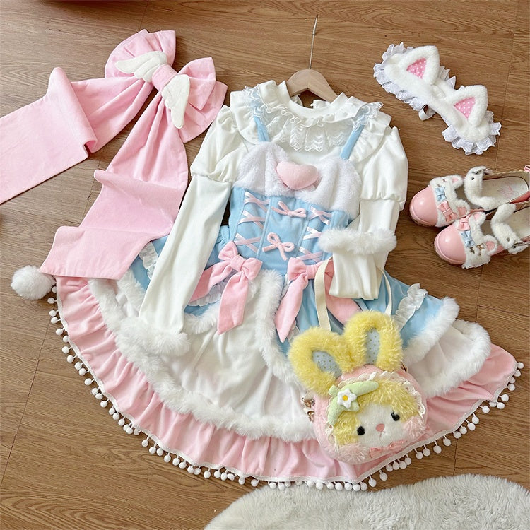 Plush Trimming Blue Sweet Lolita Dress for Autumn and Winter