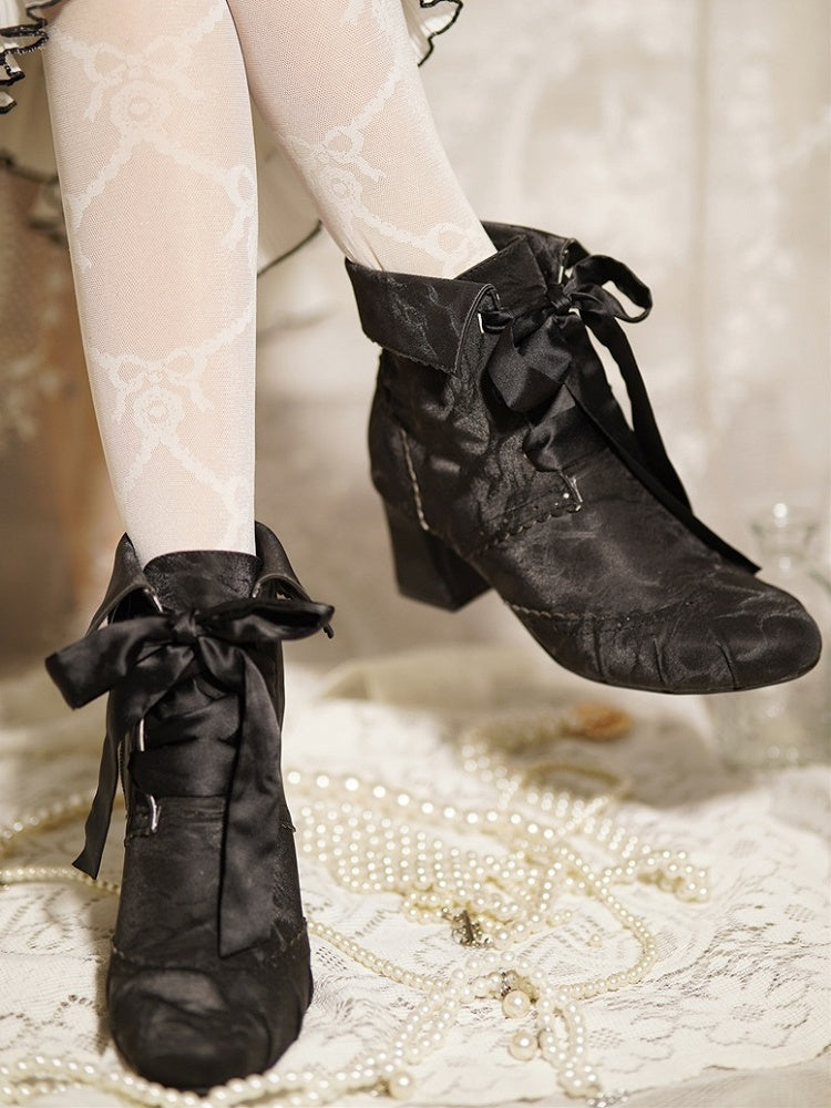 Mid-Heel Elegant Black Lolita Boots - Foldable Cuff with Inner Zip & Lace-Up Design