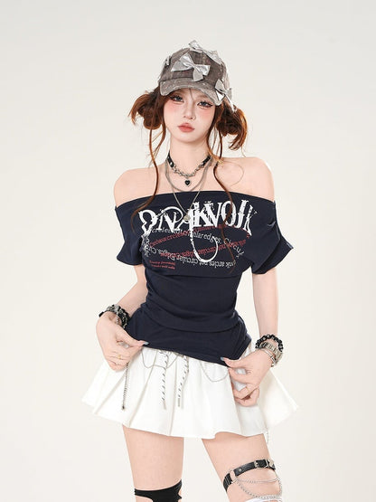 Off-the-shoulder Neckline Letter Print Gray/Navy Blue Slim-fitting T-shirt