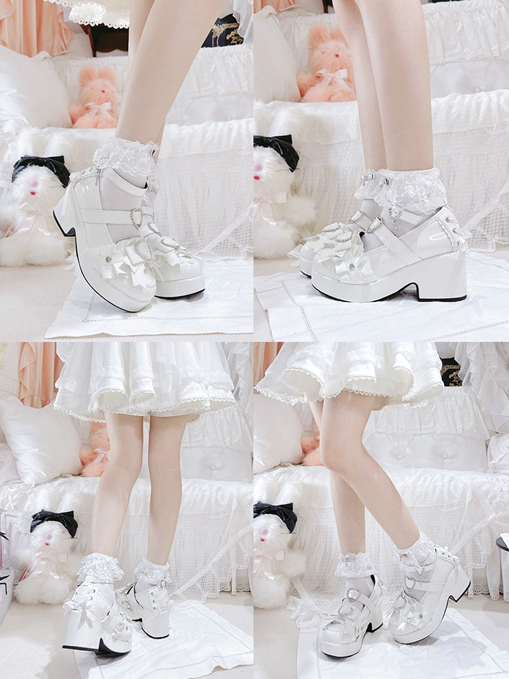 Jirai Kei Polished White Rhinestone Heart Decorated Lace-up Details Platform High Block Heels
