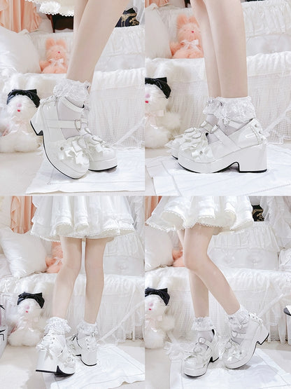 Jirai Kei Polished White Rhinestone Heart Decorated Lace-up Details Platform High Block Heels