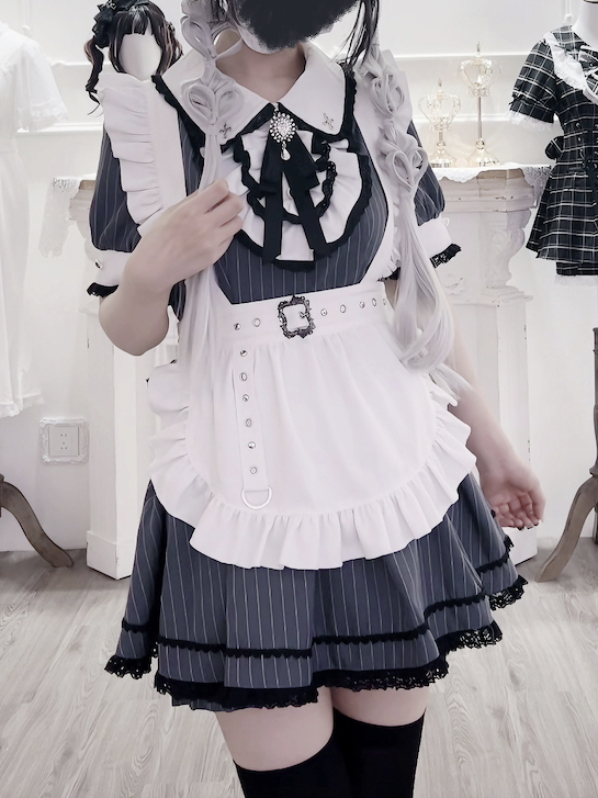 Peter Pan Collar Top with Shorts Dark Blue Stripes Maid Jirai Kei Set