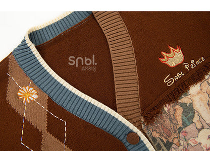 Daisies and Bunny Embroidery Brown Cardigan