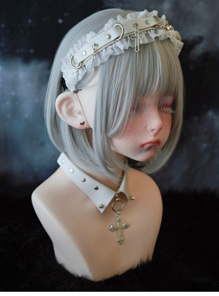 White Gothic Cross Stud Ring Buckle PU Ruffled KC