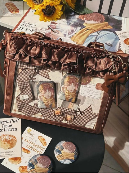 Brown Satin Ruffle Trims Self-tie Straps Ita Bag With Bow Card Holder