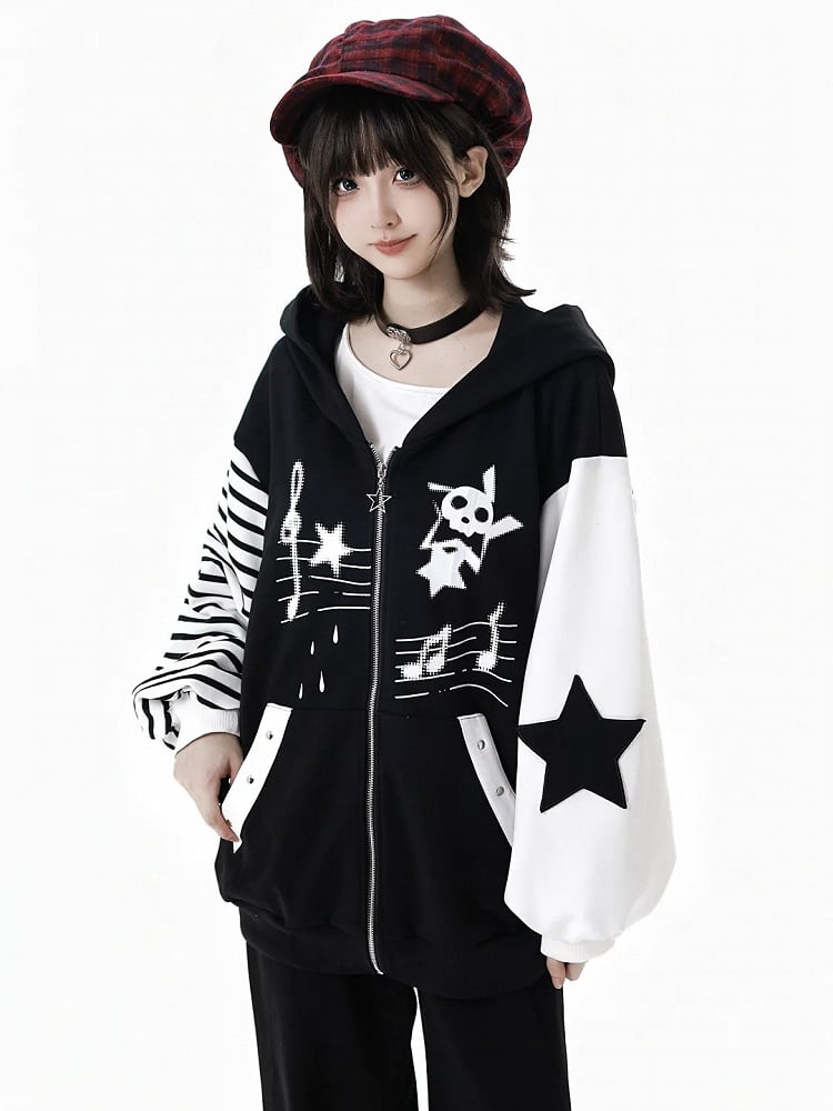 Black Zip-Up Hoodie with Y2K Graffiti and Star Zipper & Applique