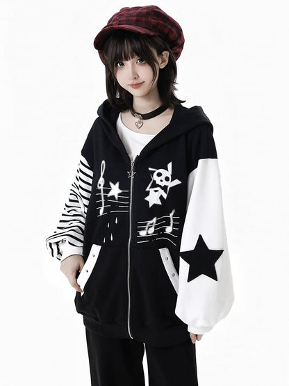 Black Zip-Up Hoodie with Y2K Graffiti and Star Zipper & Applique