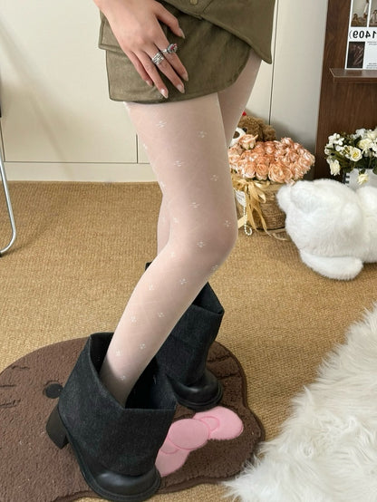 Black/White Four-leaf Clover And Diamond Pattern Tights