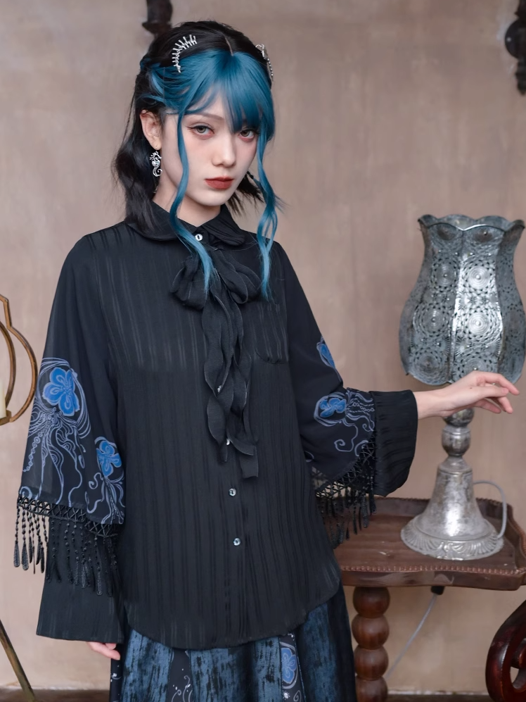 Blue Jellyfish Print Black Peter Pan Collar Tassel Cuffs Cheongsam Style Blouse with Self-tie Bow