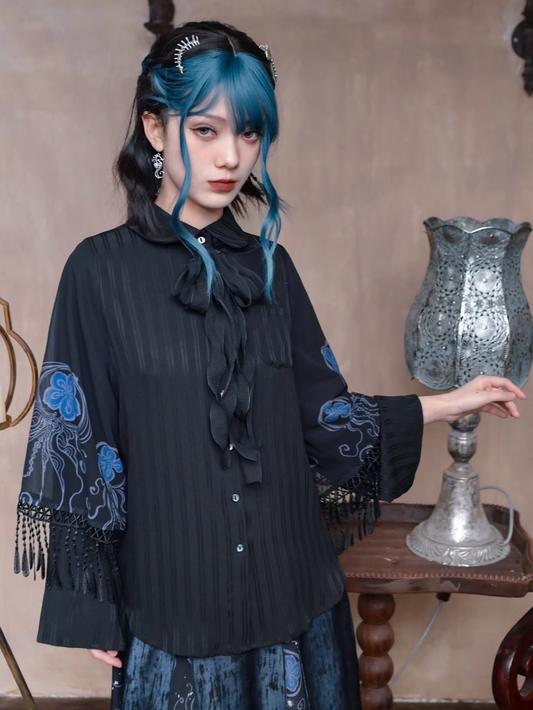 Blue Jellyfish Print Black Peter Pan Collar Tassel Cuffs Cheongsam Style Blouse with Self-tie Bow