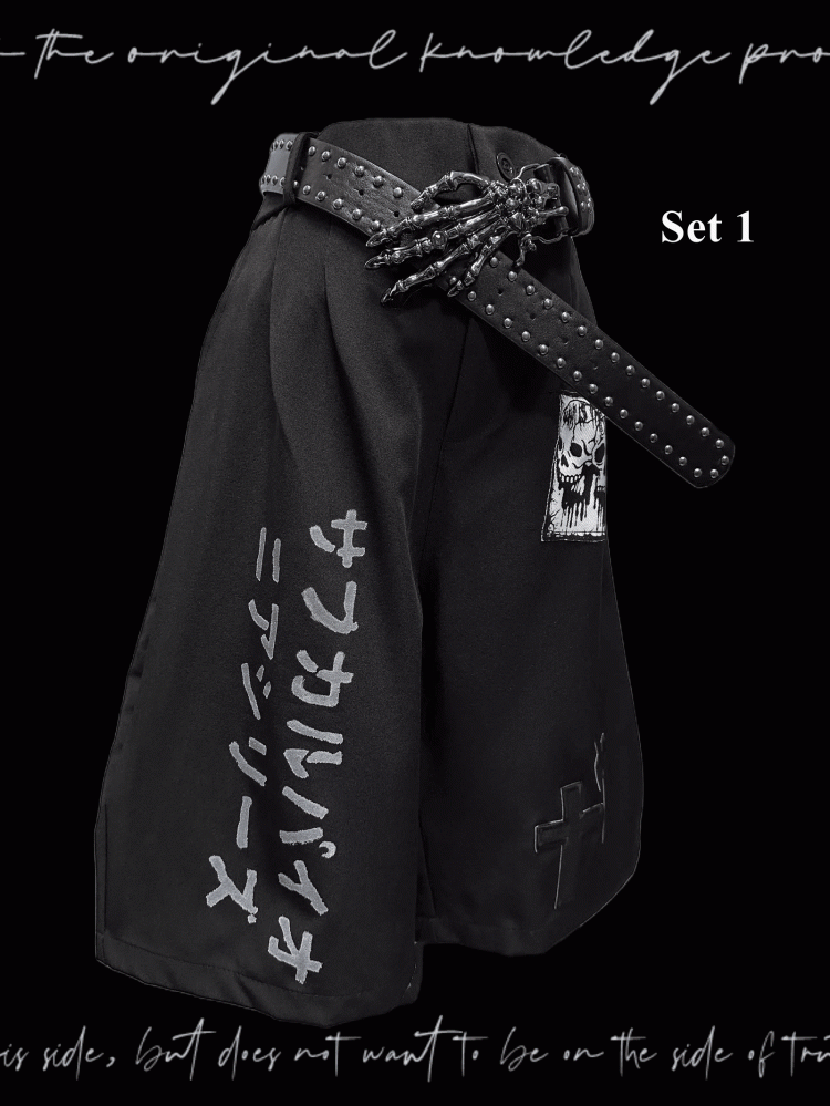 Punk Skeleton and Cross Appliques Black Wide-leg Shorts