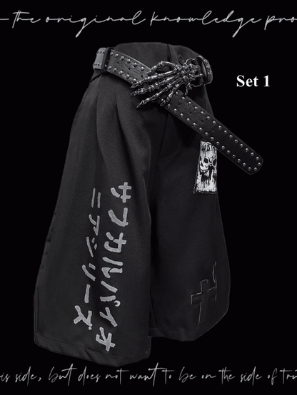 Punk Skeleton and Cross Appliques Black Wide-leg Shorts