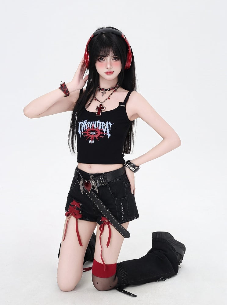 Black and Red Lace-up Details Hem Denim Shorts with Butterfly Applique Leg Warmers