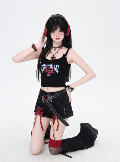 Black and Red Lace-up Details Hem Denim Shorts with Butterfly Applique Leg Warmers