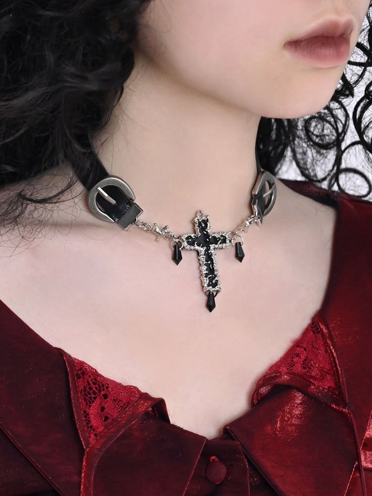 Black Gothic PU Cross Choker