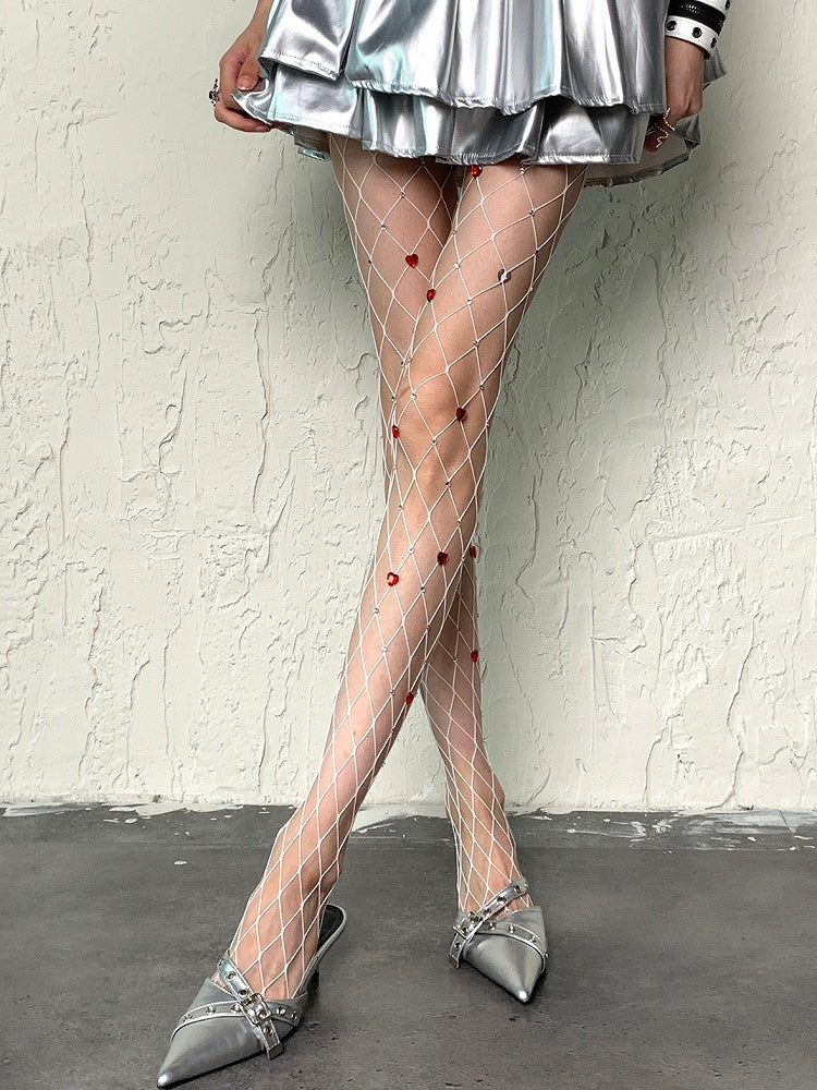 White/Black Y2K Rhinestone Decorated Heart Details Fishnet Tights