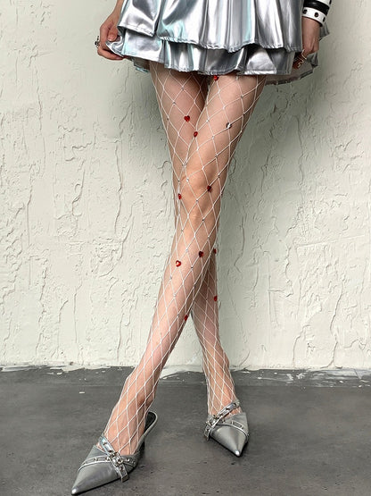 White/Black Y2K Rhinestone Decorated Heart Details Fishnet Tights