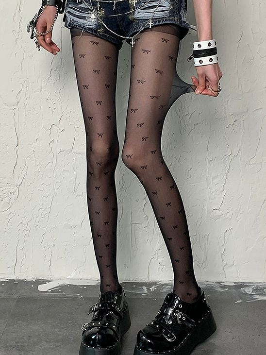 Gyaru Fashion Black Bowknot Print Y2K Tights