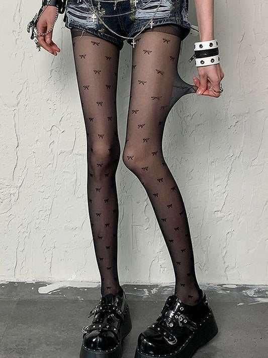 Gyaru Fashion Black Bowknot Print Y2K Tights