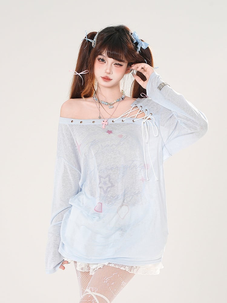 Lace-up Asymmetrical Neckline Blue/White Semi-sheer Coverup