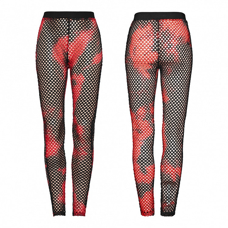Black and Red Punk Tie-dyed Mesh Leggings
