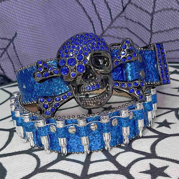 Y2K Glittering Rhinestones Punk Skull Bullets Waist Belt Black/Red/Blue/Gold