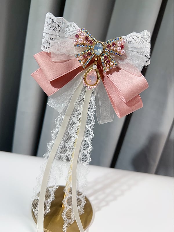 Pink/Blue Preppy Style Rhinestone And Beaded Decorated Butterfly Design Bow Tie