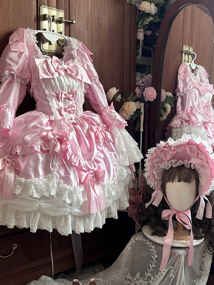Clearance-Size S for Bust 84-90CM Light Pink Bow Accents Sweet Old School Lolita Princess Dress with Detachable Bell Sleeves