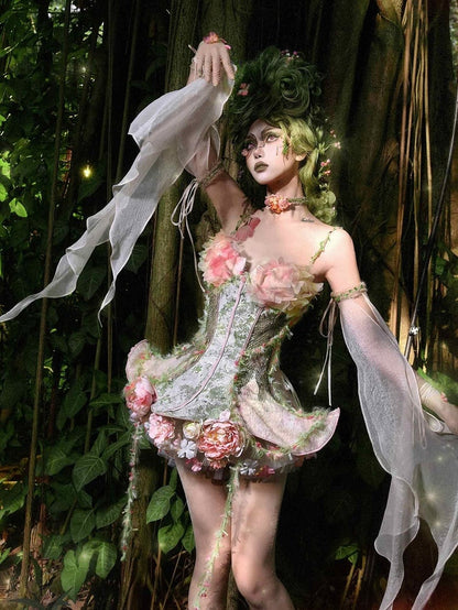 Forest Fairy Goth Pink and Green Boned Corset + Tulle Overlay + Floral Petticoat + Sleeves