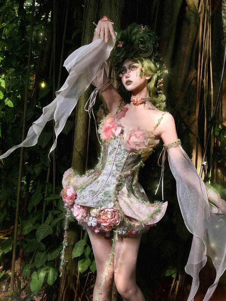 Pink and Green Floral Design Fairy Goth Vine Spaghetti Straps Boned Corset Top