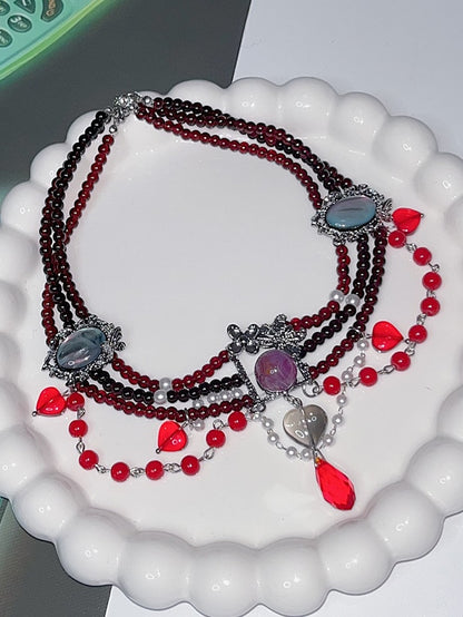 Red Black Y2K Punk Heart Rhinestone Pendant Beaded Necklace