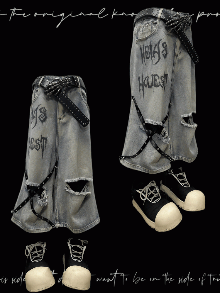 Y2K Blue Criss-cross Straps Design Distressed Holes Punk Jeans