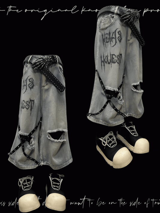 Y2K Blue Criss-cross Straps Design Distressed Holes Punk Jeans