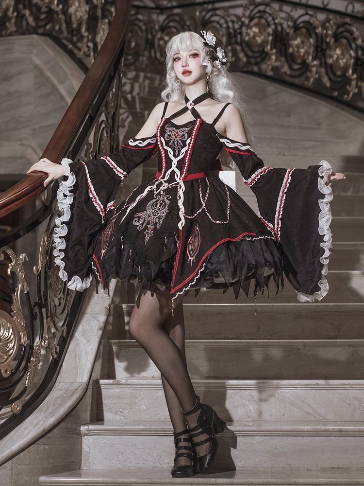 Black and Red Halter Neck Cthulhu Vibes Lolita Dress with Detachable Bell Sleeves
