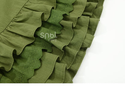 Green Ruffle Hem Sweet Overall Dress with Detachable Bowknot